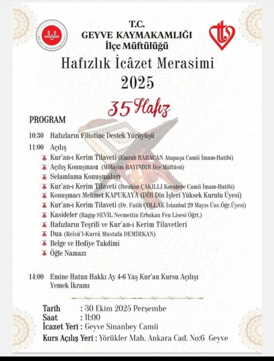 Geyve'de Hafızlık İcazet Merasimi ve Kur'an Kursu Açılışına Davet