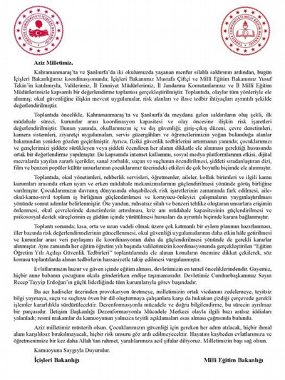 OKULLARDA YAŞANAN SİLAHLI SALDIRI İLE İLGİLİ BASIN AÇIKLAMASI